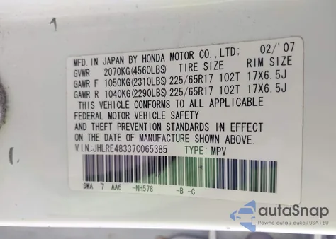 2007 Honda Cr-V Lx from USA, damaged, VIN JHLRE48337C065385